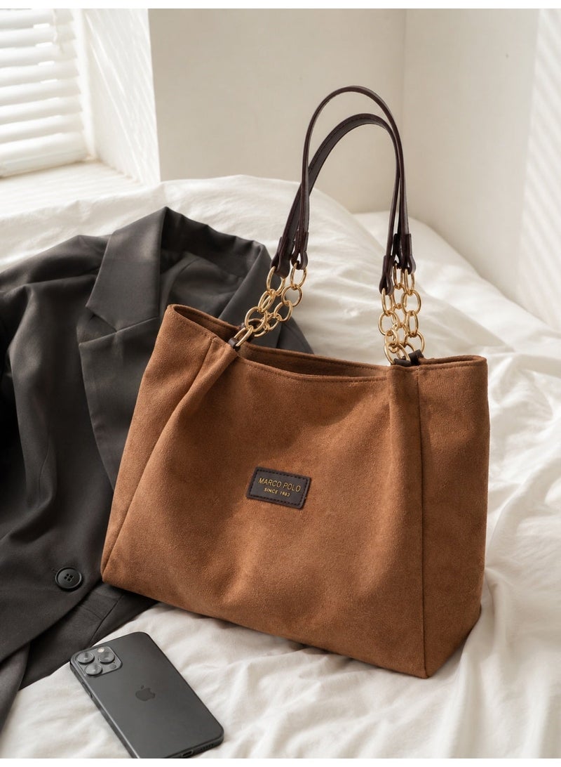 Women's Large Suede Tote Bag, Brown Shoulder Bag with Chain Strap - Image 3