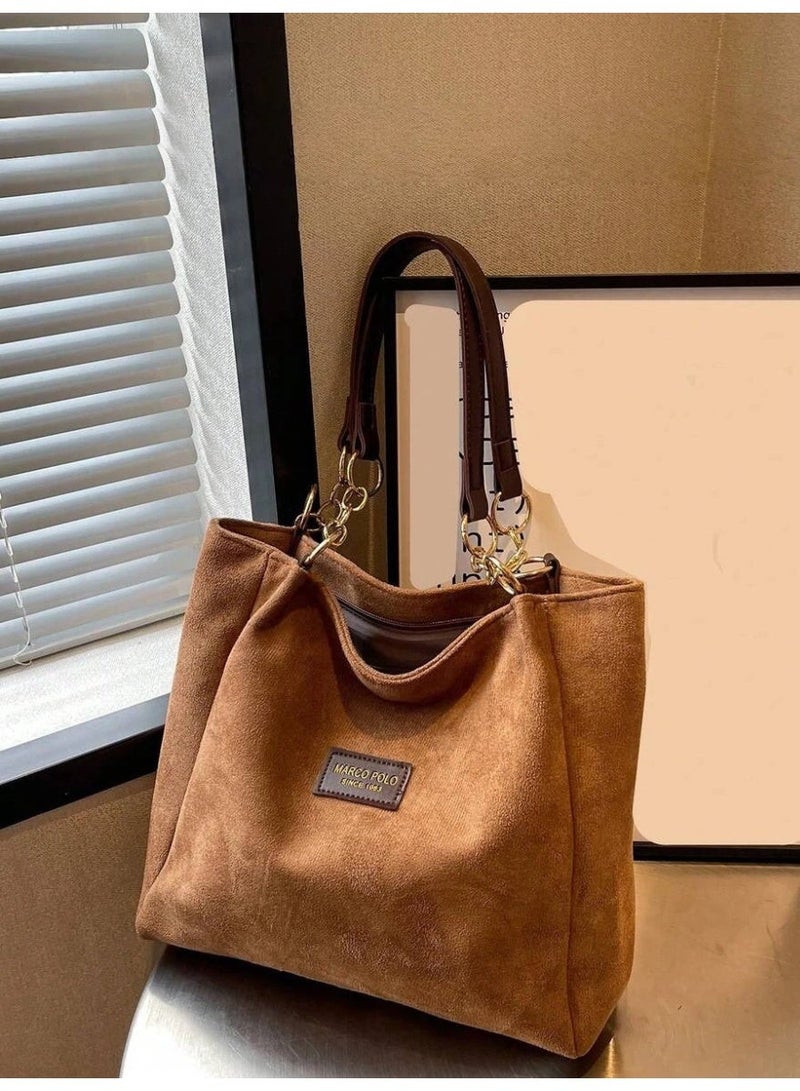 Women's Large Suede Tote Bag, Brown Shoulder Bag with Chain Strap - Image 2