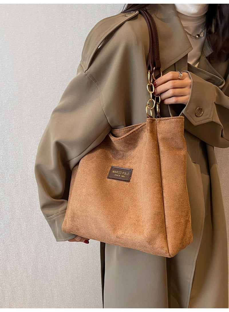 Women's Large Suede Tote Bag, Brown Shoulder Bag with Chain Strap - Image 4