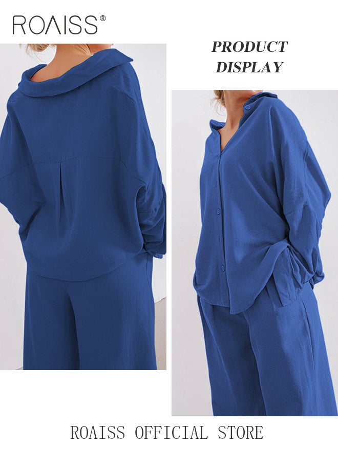 roaiss Ladies Comfortable Cotton Linen 2 Piece Suit for Daily Commute - Shirt and Wide Leg Pants Set with Simple Loose Fit Design for Leisure  - Image 3