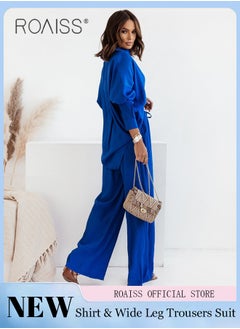 roaiss Ladies Comfortable Cotton Linen 2 Piece Suit for Daily Commute - Shirt and Wide Leg Pants Set with Simple Loose Fit Design for Leisure  - Image 1