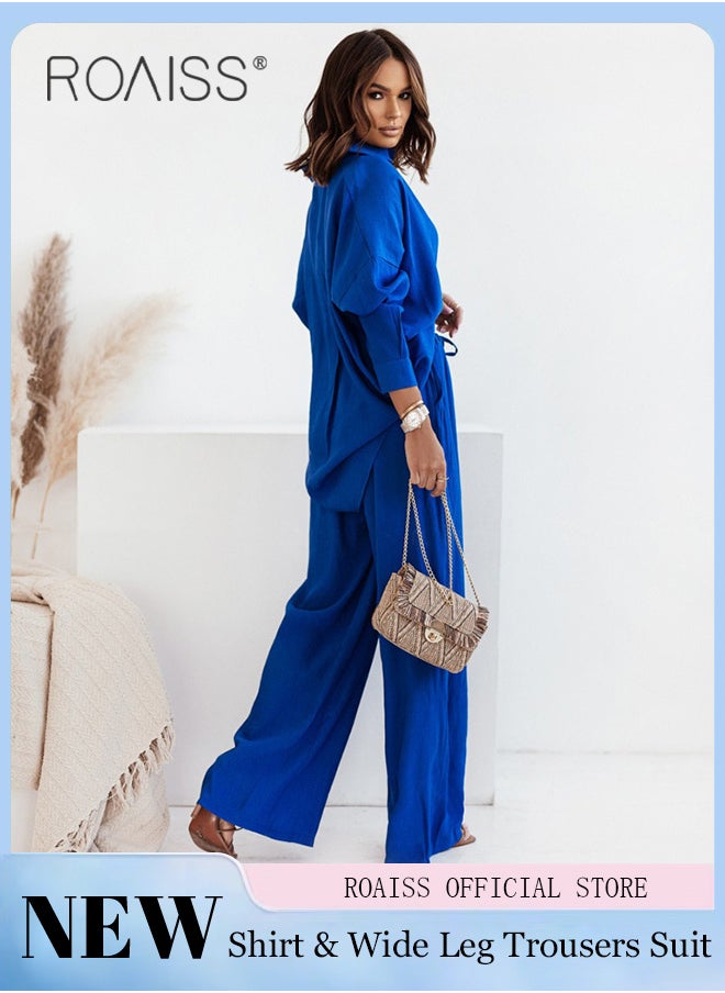 roaiss Ladies Comfortable Cotton Linen 2 Piece Suit for Daily Commute - Shirt and Wide Leg Pants Set with Simple Loose Fit Design for Leisure  - Image 1