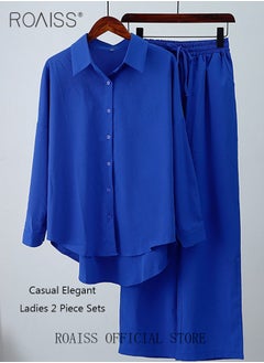 roaiss Ladies Comfortable Cotton Linen 2 Piece Suit for Daily Commute - Shirt and Wide Leg Pants Set with Simple Loose Fit Design for Leisure  - Image 2