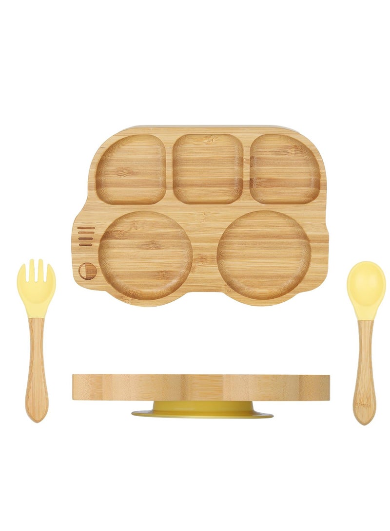 Y&D Toddler Bamboo Plate with Suction, Set Spoon Fork, Car Shaped Design Divided Plate, BPA FREE, Yellow - Image 1