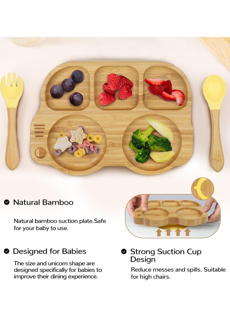 Y&D Toddler Bamboo Plate with Suction, Set Spoon Fork, Car Shaped Design Divided Plate, BPA FREE, Yellow - Image 3