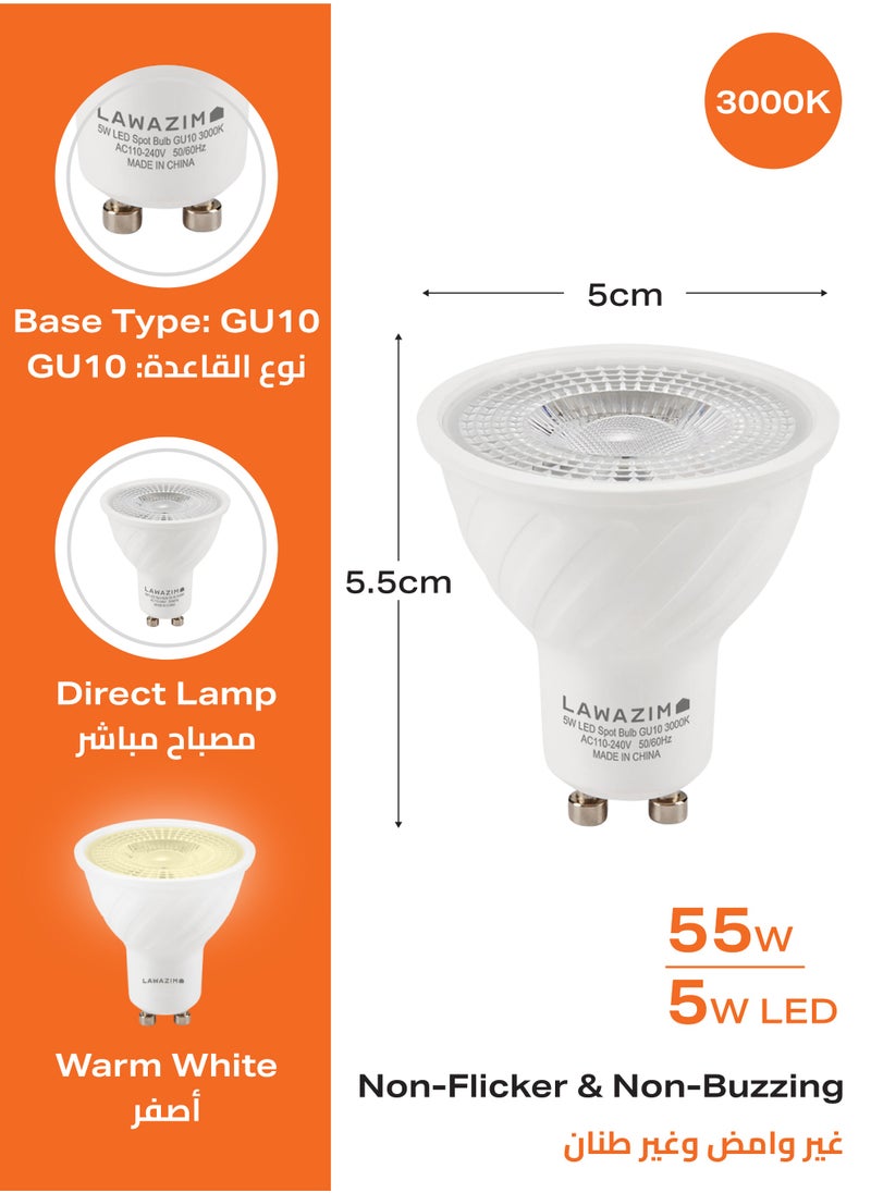 LAWAZIM - 5W LED Spot GU10 -6 Piece 3000K Warm White- Energy Saving 55W Equivalent Non-Dimmable Lightbulbs with 350 Lumens and a Lifespan of 15,000 Hours -Ideal for Ceiling Lights and Recessed Fixtures - Image 1