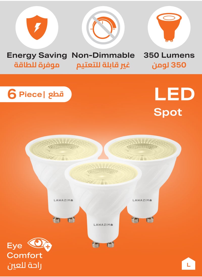 LAWAZIM - 5W LED Spot GU10 -6 Piece 3000K Warm White- Energy Saving 55W Equivalent Non-Dimmable Lightbulbs with 350 Lumens and a Lifespan of 15,000 Hours -Ideal for Ceiling Lights and Recessed Fixtures - Image 1
