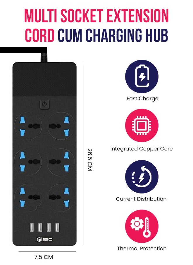 BRANDSFINITY - Power Extension Cord with 6 Outlets Universal Plug Adapter with 4 USB Ports - Surge Protector Charging Socket with 2m Length Extension Cord - Image 1