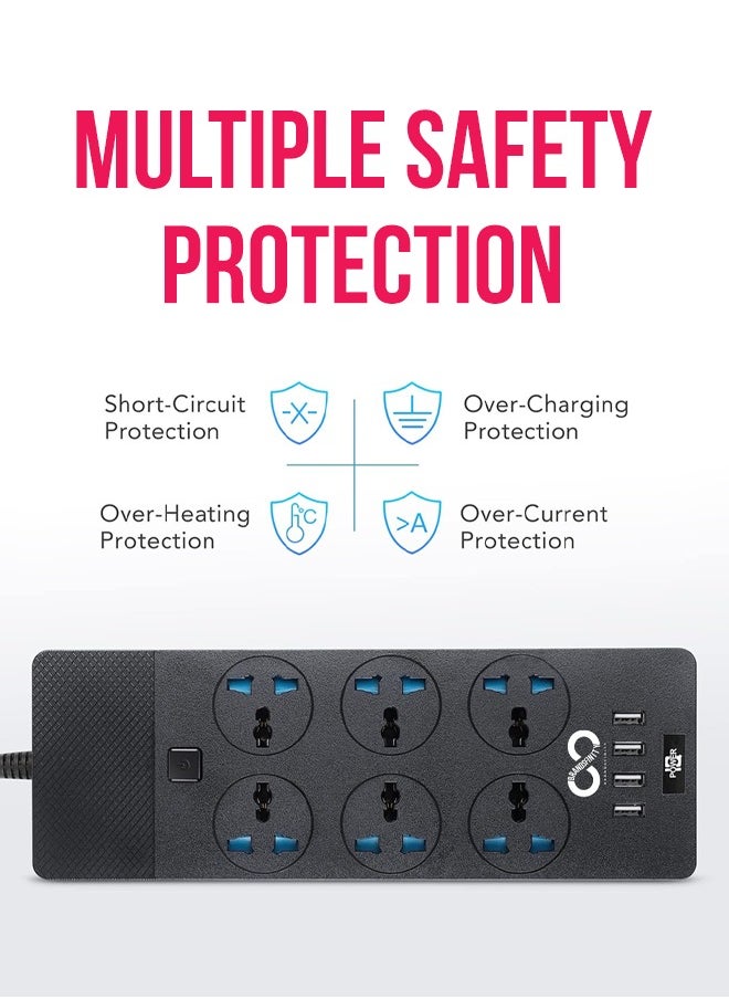 BRANDSFINITY - Power Extension Cord with 6 Outlets Universal Plug Adapter with 4 USB Ports - Surge Protector Charging Socket with 2m Length Extension Cord - Image 1
