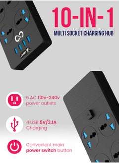 BRANDSFINITY Power Extension Cord with 6 Outlets Universal Plug Adapter with 4 USB Ports - Surge Protector Charging Socket with 2m Length Extension Cord  - Image 3