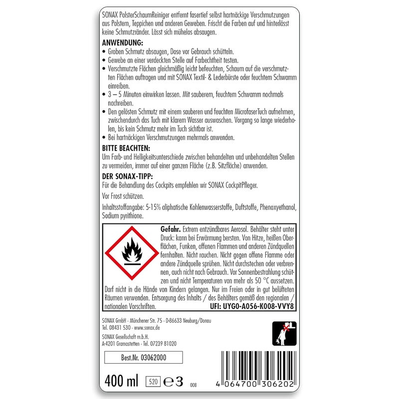SONAX منظف الأثاث الرغوي من سونكس 400 مل | رغوة تنظيف عميقة للأثاث والسجاد والأقمشة | يزيل الأوساخ والبقع العنيدة بفعالية، ويستعيد الألوان | تركيبة سهلة الشفط | رقم الفن. 03062000 - Image 2