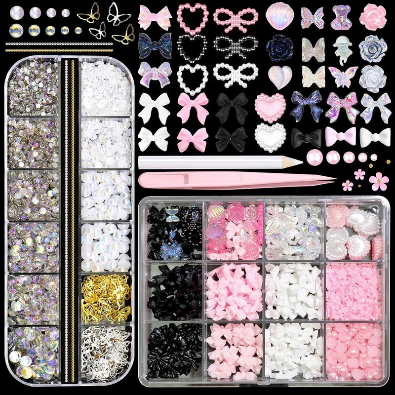 BELICEY 3D Nail Charms Set 3 Color Assorted Bow Flower Heart Star Charms for Nails Acrylic Flatback Pearls Starry AB Crystals Rhinestones Alloy Hollow Butterfly for Manicure DIY Nail Art Design - Image 1