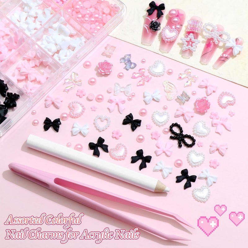 BELICEY 3D Nail Charms Set 3 Color Assorted Bow Flower Heart Star Charms for Nails Acrylic Flatback Pearls Starry AB Crystals Rhinestones Alloy Hollow Butterfly for Manicure DIY Nail Art Design - Image 3