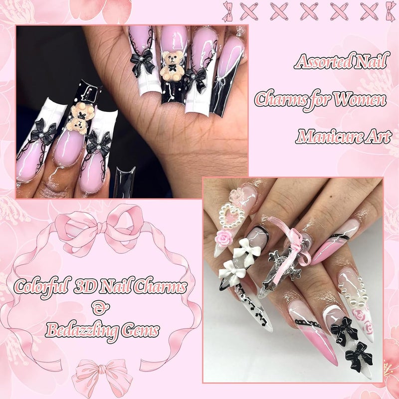 BELICEY 3D Nail Charms Set 3 Color Assorted Bow Flower Heart Star Charms for Nails Acrylic Flatback Pearls Starry AB Crystals Rhinestones Alloy Hollow Butterfly for Manicure DIY Nail Art Design - Image 5