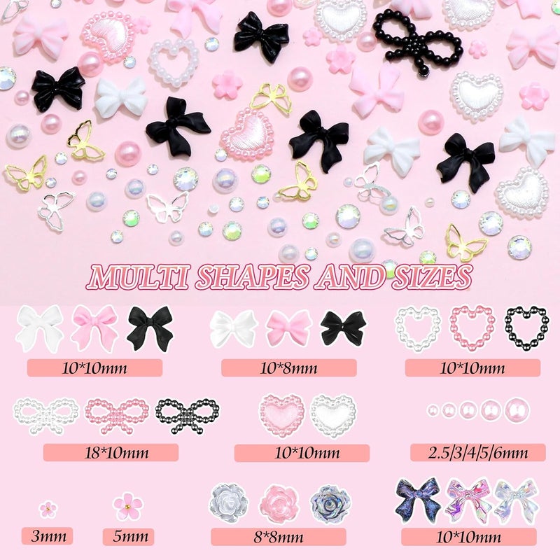 BELICEY 3D Nail Charms Set 3 Color Assorted Bow Flower Heart Star Charms for Nails Acrylic Flatback Pearls Starry AB Crystals Rhinestones Alloy Hollow Butterfly for Manicure DIY Nail Art Design - Image 2