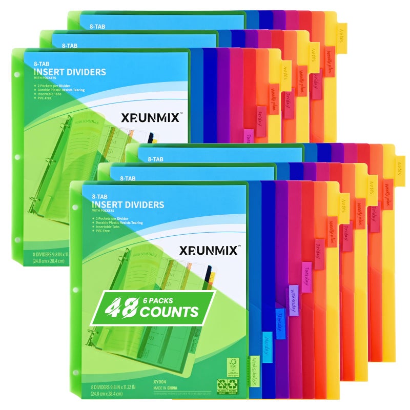 XRUNMIX 8-Tab Binder Dividers - Index Pockets Divider for 3 Ring Binders, 3-Hole Plastics Sheets Protectors for US Letter Size in 0.5'', 1'', 2'', 3 inch Binders, 8 Colors (XY004) (6 Packs) - Image 1