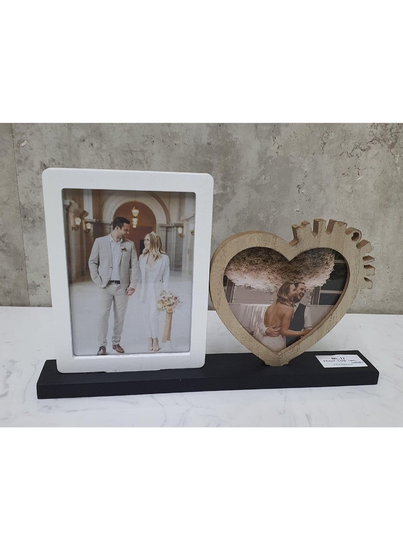 ديكور هيلز طقم إطاري صور مزدوجين من ديكور هيلز - قلب خشبي وإطار صورة مستطيل أبيض عصري على قاعدة سوداء | ديكور أنيق للمنزل والمكتب | هدية زفاف، ذكرى سنوية، وعيد حب - قطعة واحدة - Image 1