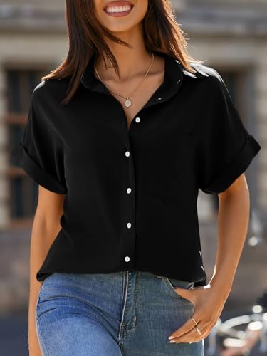 Beautife Womens Short Sleeve Shirts V Neck Collared Button Down Shirt Tops with Pockets Black - Image 3