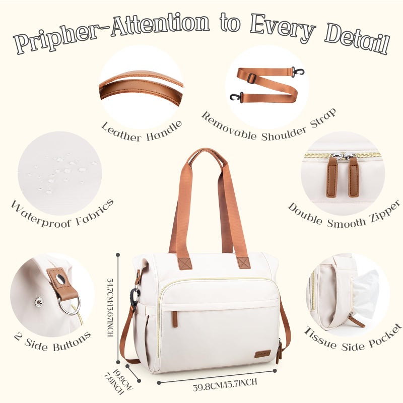 Pripher 4 in 1 Diaper Bag Backpack, Diaper Bag Backpack for Baby, Travel Diaper Bag Converts into Backpack with Shoulder Straps, Mom Bag for Hospital with 14 Pockets-3 Insulated Pockets White&Beige - Image 3