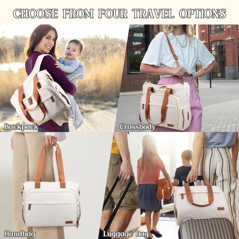 Pripher 4 in 1 Diaper Bag Backpack, Diaper Bag Backpack for Baby, Travel Diaper Bag Converts into Backpack with Shoulder Straps, Mom Bag for Hospital with 14 Pockets-3 Insulated Pockets White&Beige - Image 2