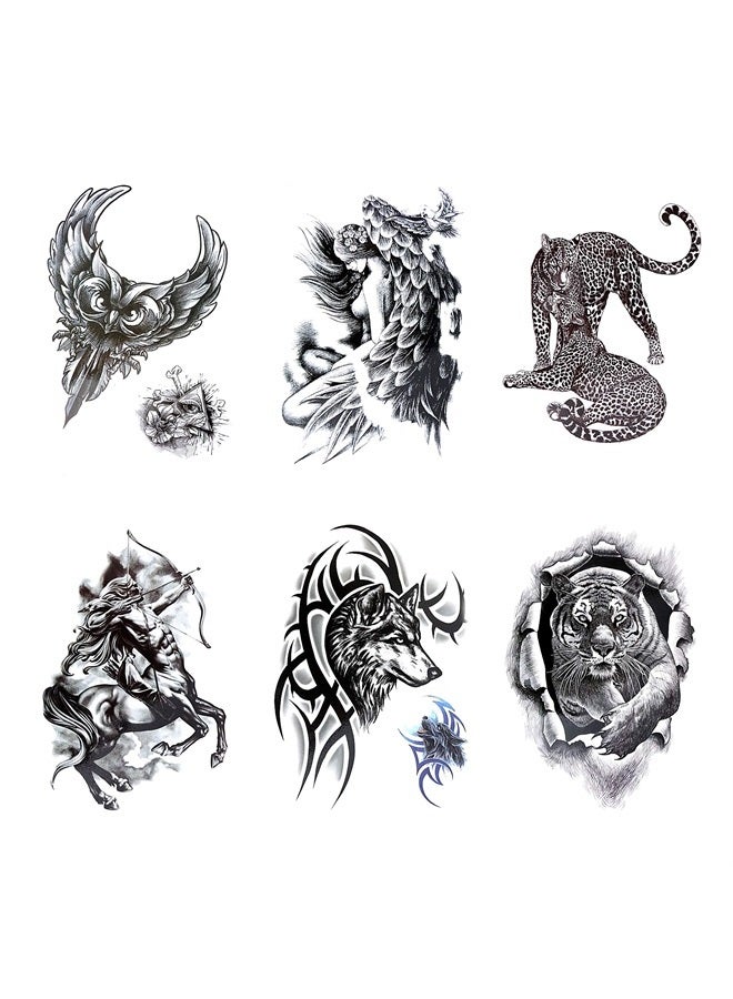 BETTERLINE 6 Cool Black Large Temporary Tattoos (+2 Small Tattoos) - Owl, Tiger, Cheetah, Wolf, Centaur, Woman Angel - Tattoos for Arms Legs Shoulder or Back - Image 1