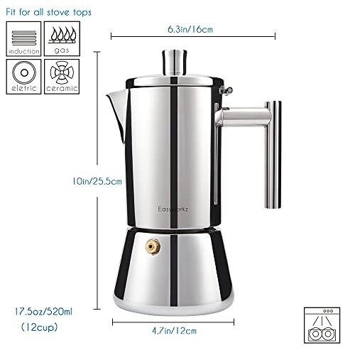 Easyworkz Diego Stovetop Espresso Maker Stainless Steel Italian Coffee Machine Maker 12Cup 17.5 oz Induction Moka Pot - Image 3