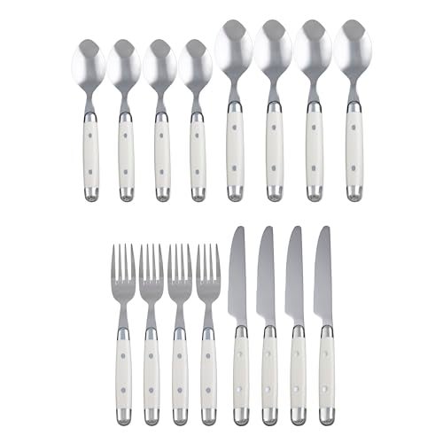 Cambridge Silverware Set, Jubilee White 16-Piece Flatware Set, Service for 4, 18/0 Stainless Steel, Silver Mirror Finish Beige Handles, Knives Spoons and Forks set, Dishwasher Safe, (Beige, 16 Pieces) - Image 2