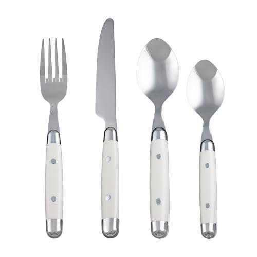 Cambridge Silverware Set, Jubilee White 16-Piece Flatware Set, Service for 4, 18/0 Stainless Steel, Silver Mirror Finish Beige Handles, Knives Spoons and Forks set, Dishwasher Safe, (Beige, 16 Pieces) - Image 1