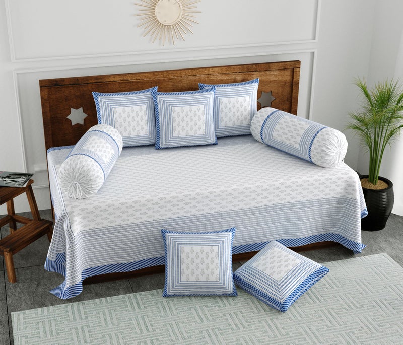 BLOCKS OF INDIA 200Tc Diwan Set Cotton 8 Piece | Deewan Printed Bedsheet Sets For Living Room Hall (Set Of 8 Piece, 1-Bed Sheet | 2-Bolster Cover | 5-Cushion Cover (Color 22, White, Blue) - Image 1