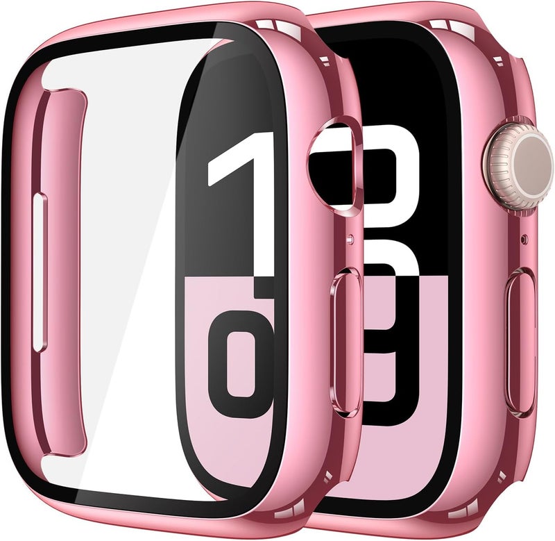 Misxi 2 Pack Tempered Glass Case Compatible for Apple Watch Series 11 (2025) Series 10 46mm, Hard PC Screen Protector Overall Protection Scratch-Resistant Cover for iWatch, 1 Rose Pink + 1 Transparent - Image 1