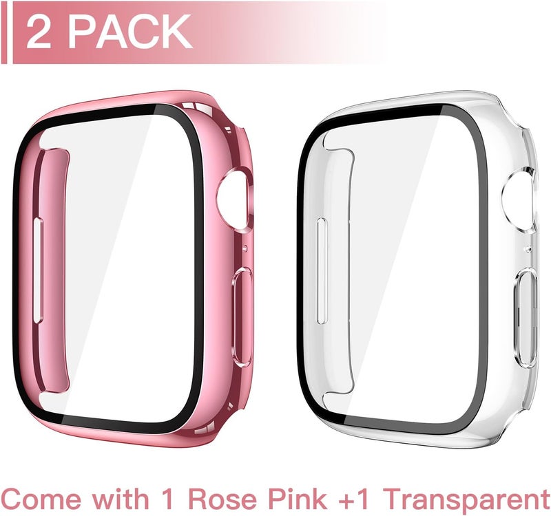 Misxi 2 Pack Tempered Glass Case Compatible for Apple Watch Series 11 (2025) Series 10 46mm, Hard PC Screen Protector Overall Protection Scratch-Resistant Cover for iWatch, 1 Rose Pink + 1 Transparent - Image 2