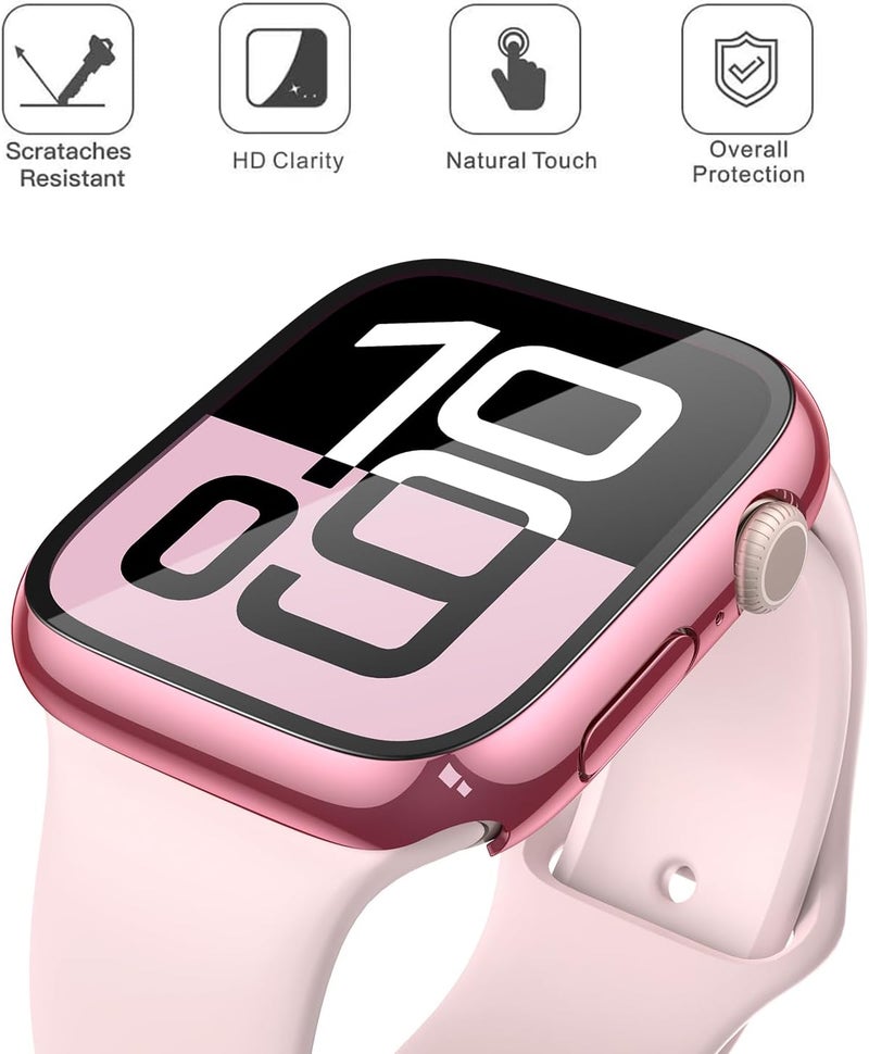 Misxi 2 Pack Tempered Glass Case Compatible for Apple Watch Series 11 (2025) Series 10 46mm, Hard PC Screen Protector Overall Protection Scratch-Resistant Cover for iWatch, 1 Rose Pink + 1 Transparent - Image 3