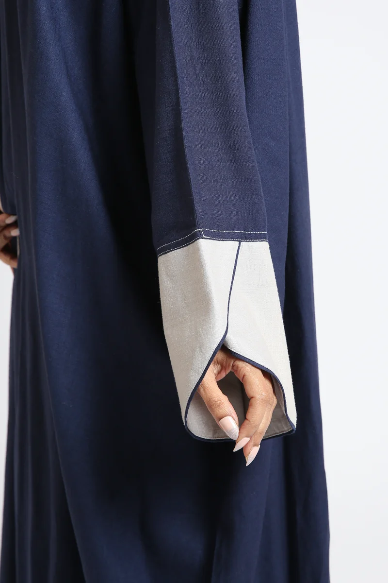 Nikias Nikias Navy Blue Bahraini Cut Linen Abaya with Designed Cuffs & Front Piping