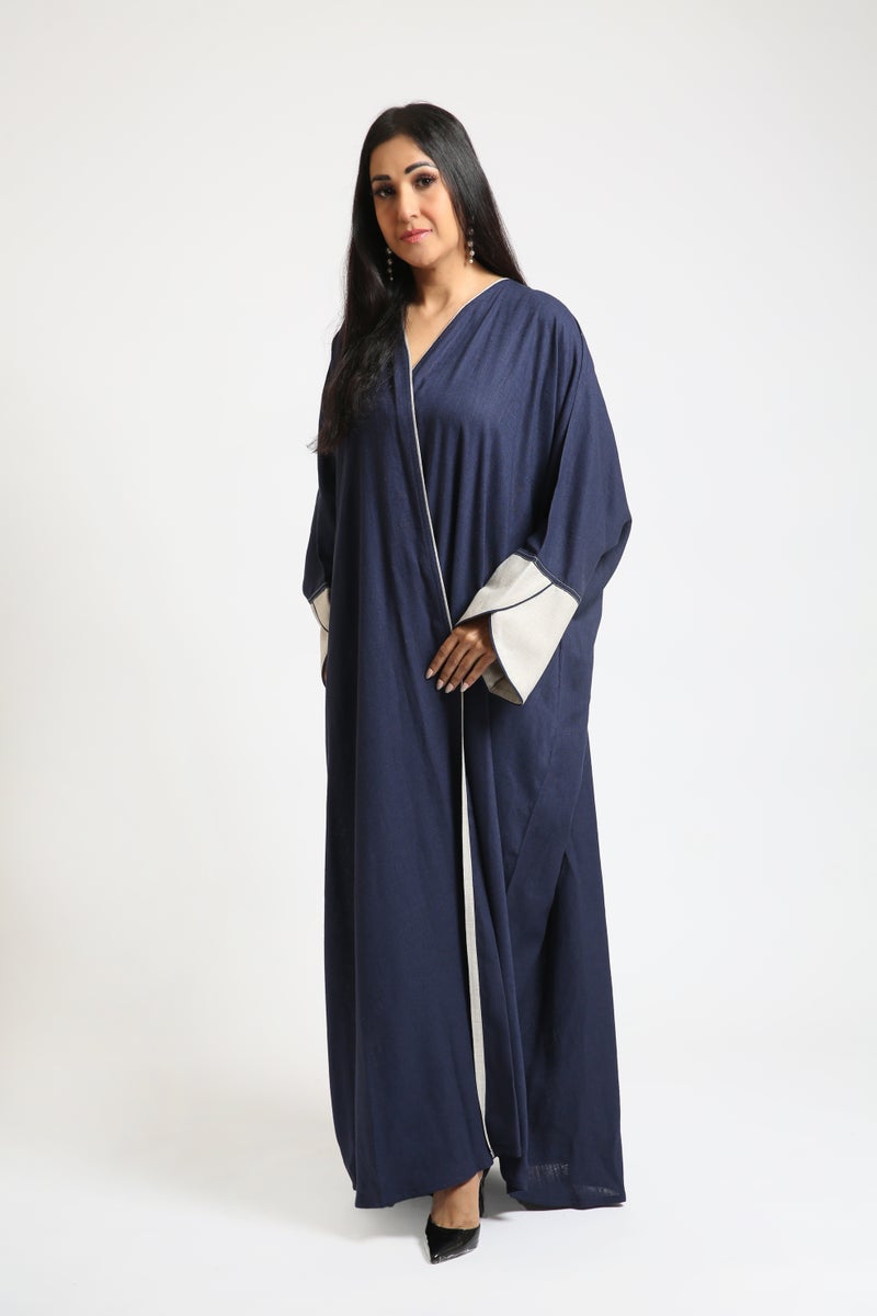 Nikias Navy Blue Bahraini Cut Linen Abaya with Designed Cuffs & Front Piping - Image 3