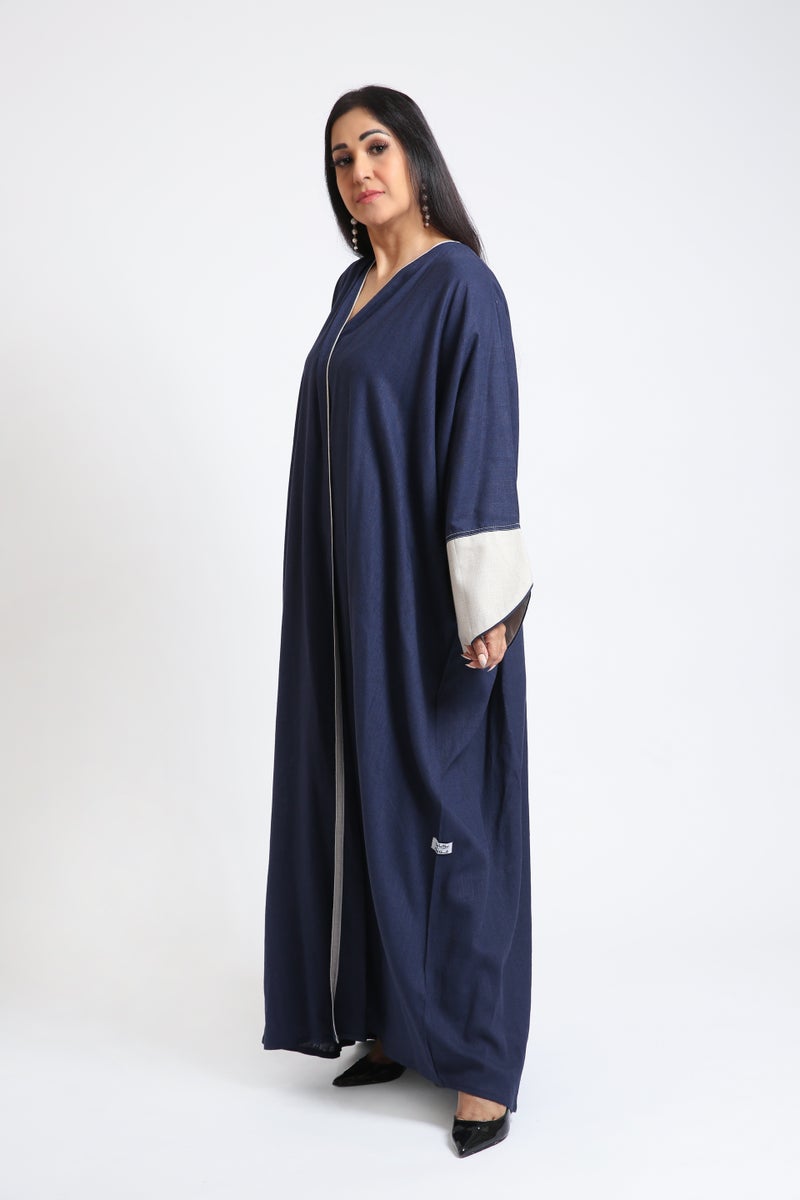 Nikias Navy Blue Bahraini Cut Linen Abaya with Designed Cuffs & Front Piping - Image 1