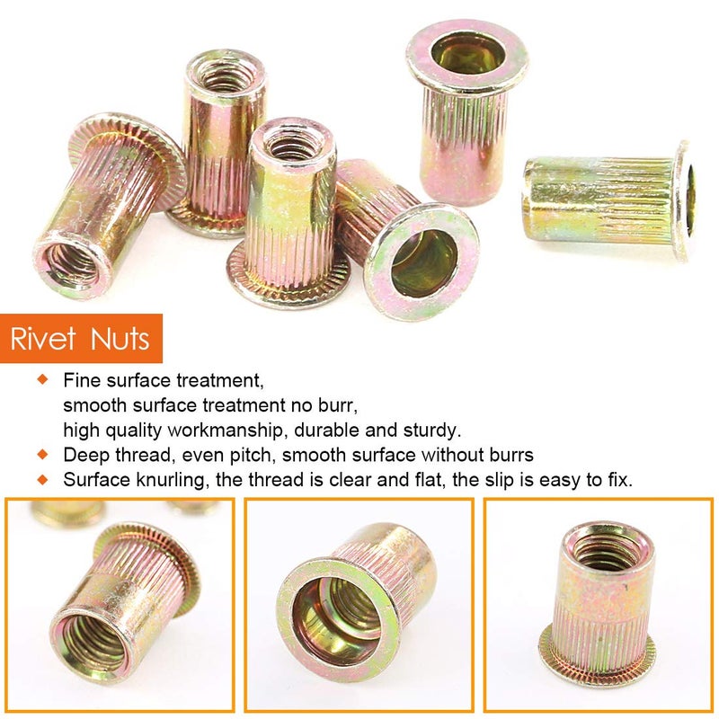 Rustark 120-Pcs #10-24UNC Mixed Zinc Plated Carbon Steel Rivet Nut Flat Head Threaded Insert Nutsert Assortment Kit - Image 4