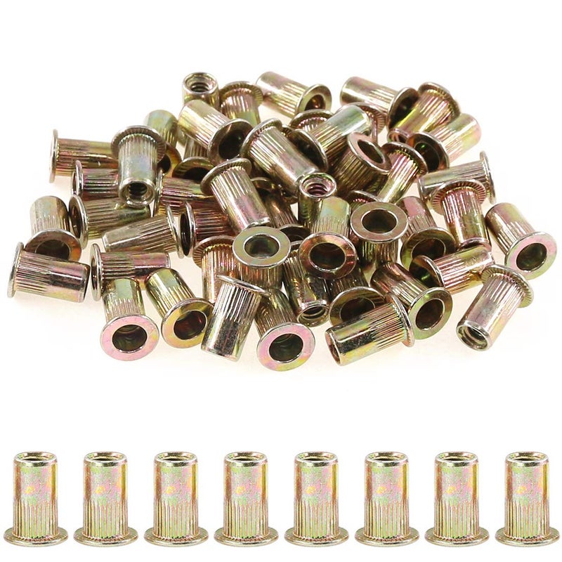 Rustark 120-Pcs #10-24UNC Mixed Zinc Plated Carbon Steel Rivet Nut Flat Head Threaded Insert Nutsert Assortment Kit - Image 1