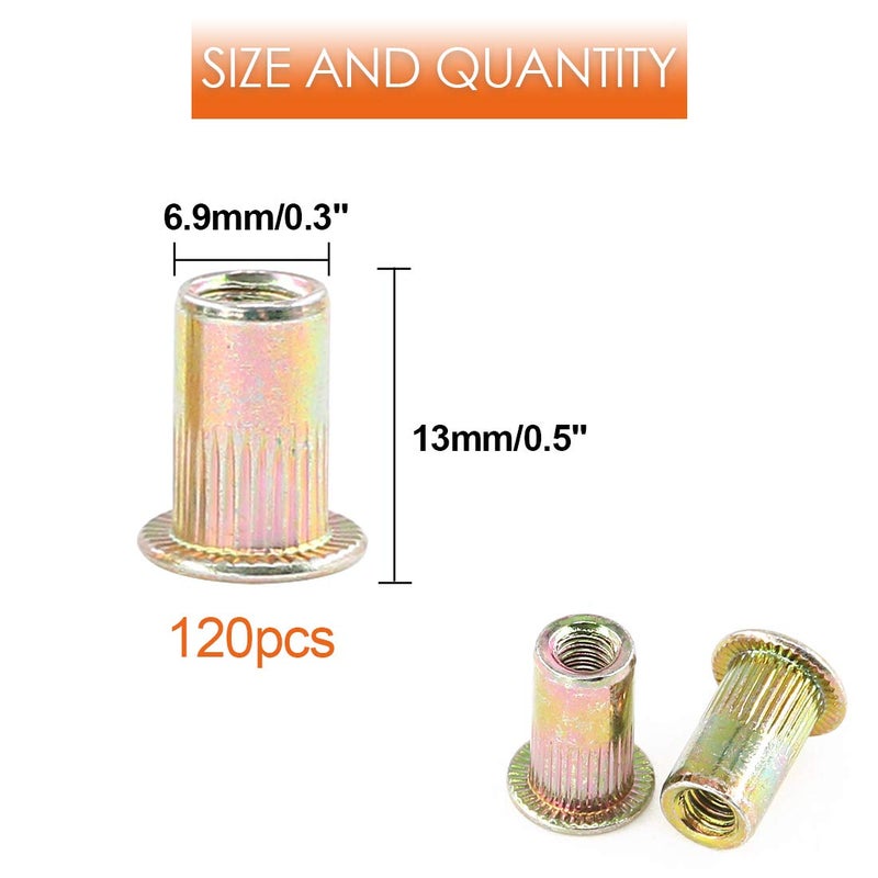 Rustark 120-Pcs #10-24UNC Mixed Zinc Plated Carbon Steel Rivet Nut Flat Head Threaded Insert Nutsert Assortment Kit - Image 2