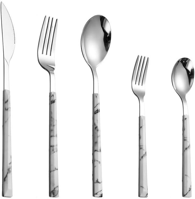 Silverware Set, 5/20/30/40/50/60-Piece Stainless Steel Cutlery Set with Imitation Wood Handles – Steak Knives, Forks u0026 Marble-Style Spoons(White,40 Piece set for 8) - Image 1