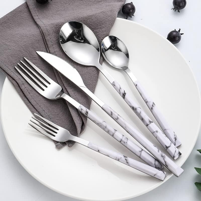 Silverware Set, 5/20/30/40/50/60-Piece Stainless Steel Cutlery Set with Imitation Wood Handles – Steak Knives, Forks u0026 Marble-Style Spoons(White,40 Piece set for 8) - Image 3