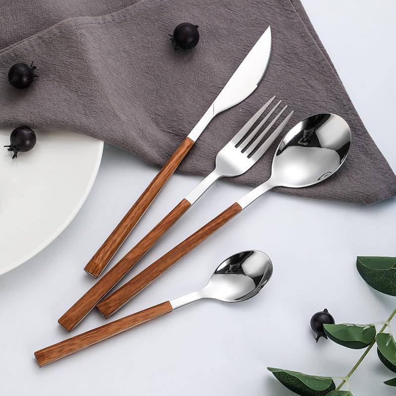 Silverware Set, 5/20/30/40/50/60-Piece Stainless Steel Cutlery Set with Imitation Wood Handles – Steak Knives, Forks u0026 Marble-Style Spoons(White,40 Piece set for 8) - Image 4