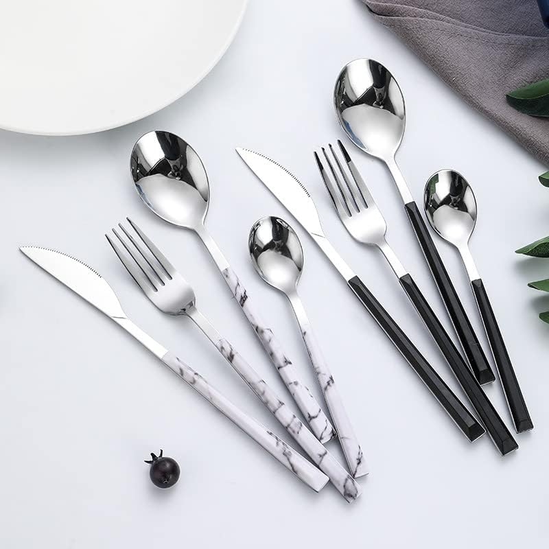 Silverware Set, 5/20/30/40/50/60-Piece Stainless Steel Cutlery Set with Imitation Wood Handles – Steak Knives, Forks u0026 Marble-Style Spoons(White,40 Piece set for 8) - Image 5