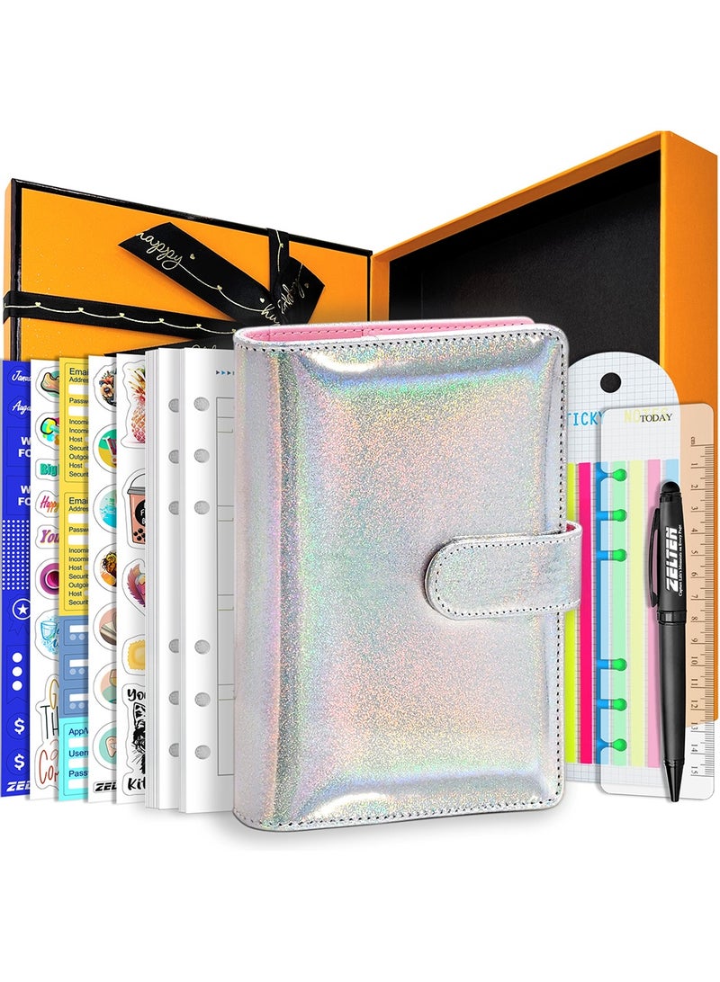 PU Leather Personal Notebook Planner with 67 Pages Loose-Leaf Papers 6 Holes Ring Binder Pen Holder Magnetic Buckle  (Rainbow Glitter)