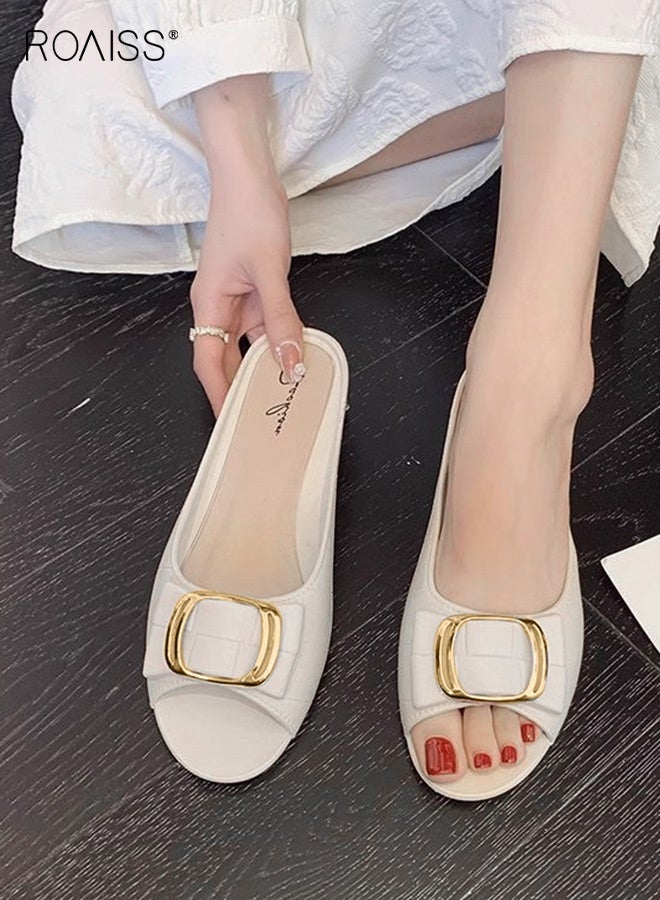 roaiss Open Toe Slippers for Women Casual Thick Heel Flat Sole Sandals Stylish Versatile Outer Wear Waterproof Flat Slipper with Metal Square Buckle - Image 2