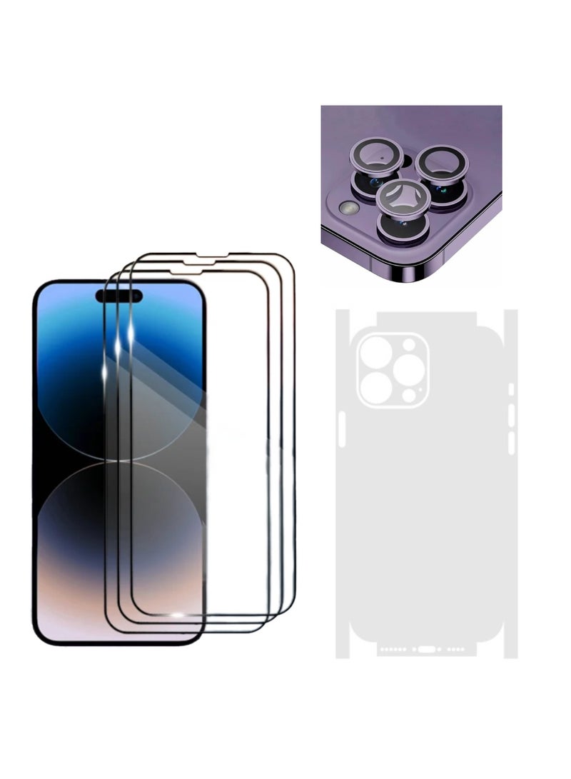 DIGI CORE iPhone Full Coverage Set iPhone 14 Pro Max Screen Protector 3 Pack 6.7 Inch 2.5D Curved Edges With iPhone Camera Lens And Anti-Scratch iPhone Back PVC Clear Sheet (iPhone 14 Pro Max,Deep Purple) - Image 1