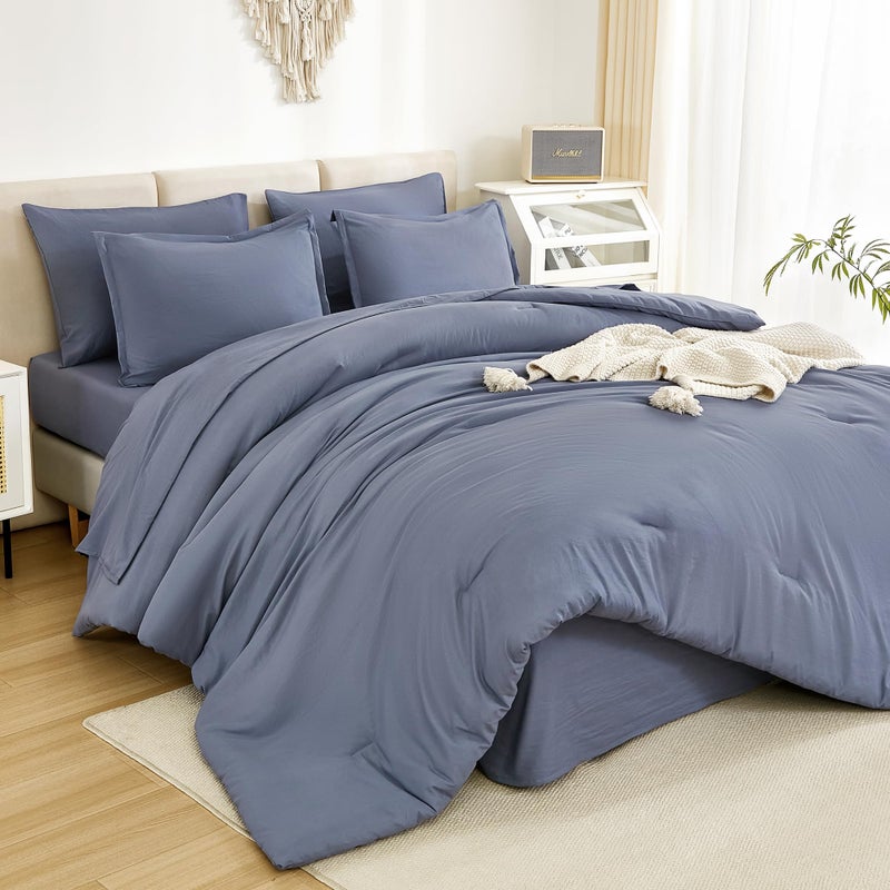 Litanika Litanika Full Size Comforter Sets Bluish Grey - 7 Pieces Bed in a Bag Full Beddding Comforter Sets  Solid Lightweight Bed Set with Comforter  Sheets  Pillowcases & Shams  - Image 1