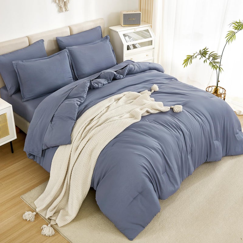 Litanika Litanika Full Size Comforter Sets Bluish Grey - 7 Pieces Bed in a Bag Full Beddding Comforter Sets  Solid Lightweight Bed Set with Comforter  Sheets  Pillowcases & Shams  - Image 3