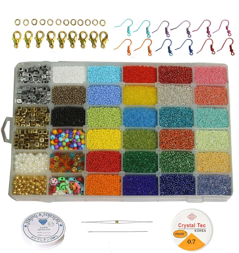 JAUNTY Beadsnfashion 36 Grid Cells Glass Seed Beads Pearls Acrylic and Alphabet Beads DIY Kit with Thread Needle and Findings for Jewellery Making Beading Embroidery and Art and Crafts