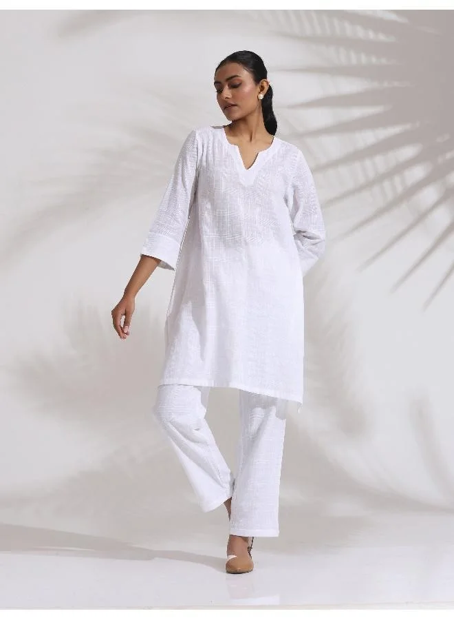 trueBrowns White Cotton Check Kurta Co-ord Set