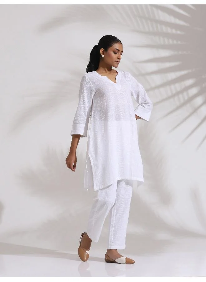 trueBrowns White Cotton Check Kurta Co-ord Set